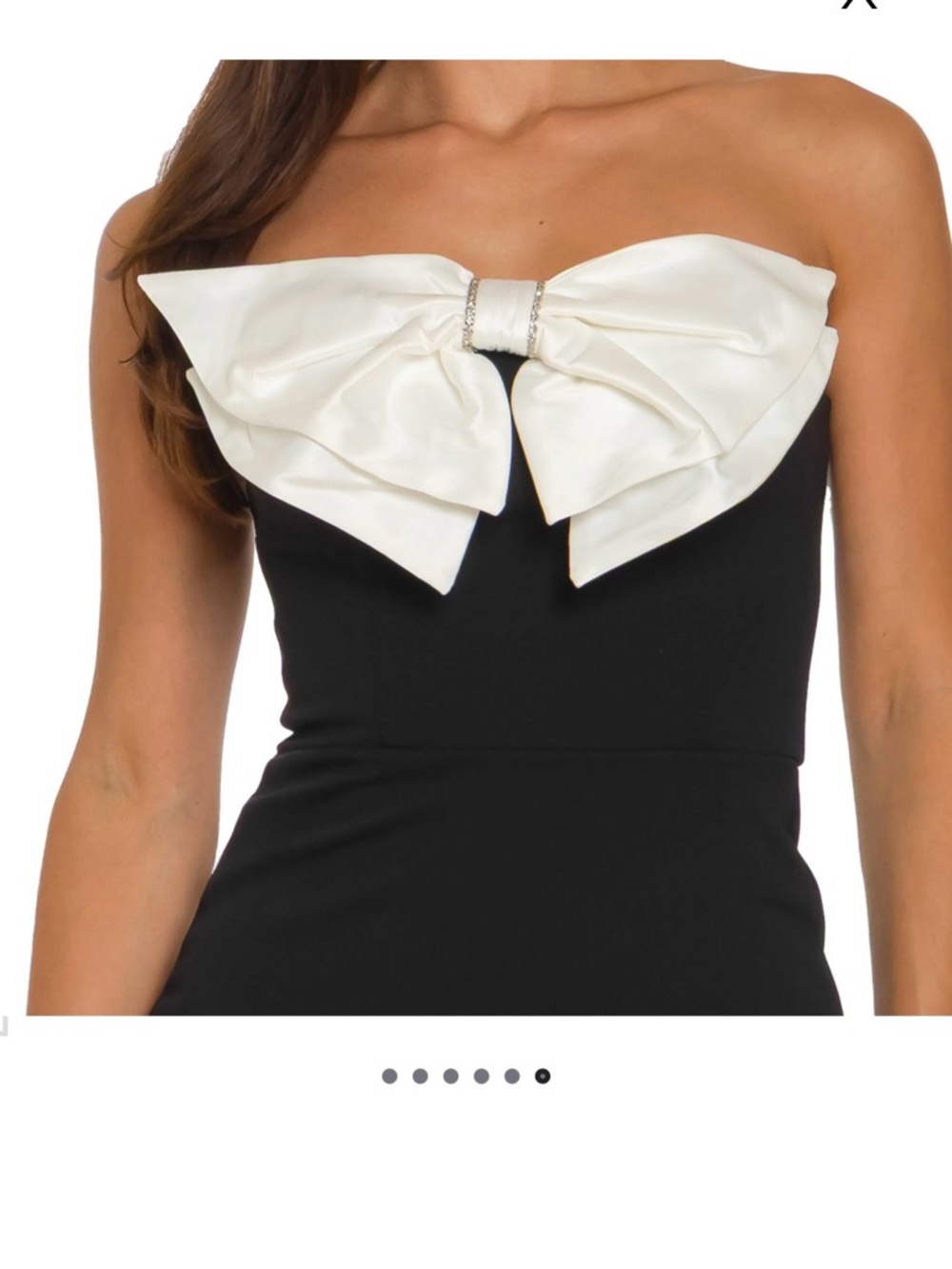 B. Smart Strapless Black Dress with White Bow and Jewel Accent